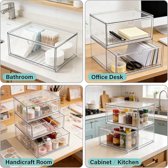 Prsildan Acrylic Makeup Organizer, 3 Pack Stackable Clear Storage Drawers for Baby Bottles Desk Organizers with 3 Drawers for Countertop Vanity Nursery Modular System for Cosmetics Jewelry - Image 4
