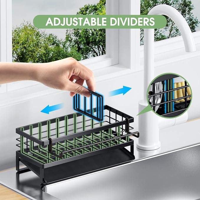 Self-Draining Kitchen Sink Caddy, Rustproof Non-Slip Metal Sponge Holder with Detachable Dish Cloth Holder (Black) - Image 5