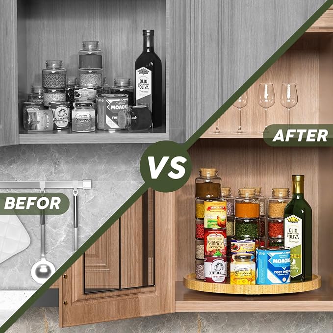 Lazy Susan Organizer, 13.2 Inch Non-Skid Bamboo Turntable | Kitchen Table Cabinets Closets and Kitchen Islands, Wood Turntable for Kitchen Countertop Organizer - Image 4