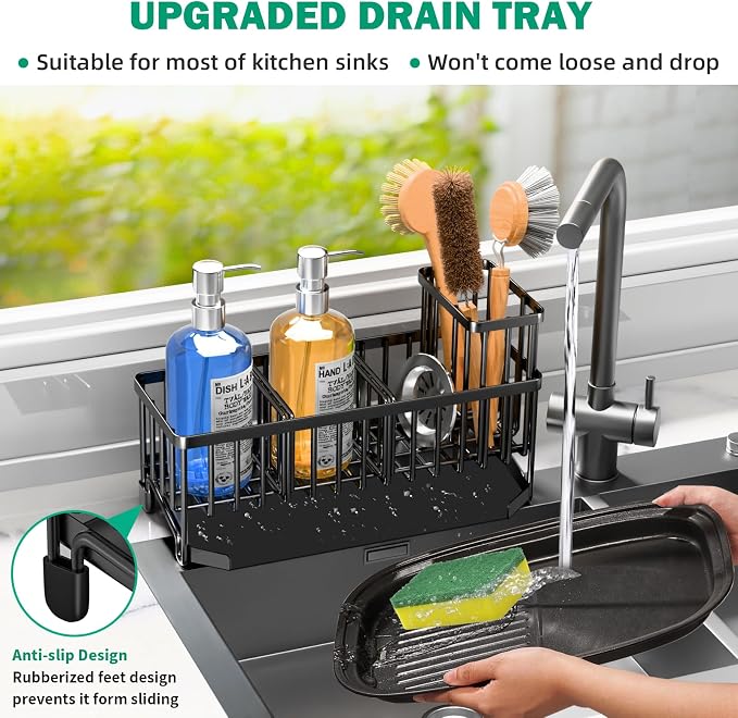 TomCare Kitchen Sink Caddy, 11-Inch Sponge Holder with Drain Tray | 2 Adjustable Dividers and Tall Brush Holder Create Flexible Storage for Sponges and Kitchen Counter Accessories - Image 2