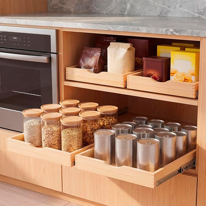 2 Set Wooden Pull out Cabinet Organizer Fully Assembled Slide out Pantry Drawer with Gentle Close Storage Shelf Tray for Base Kitchen Under Sink Bathroom (Wood Color,14'' X 21'' X 3'') - Image 6
