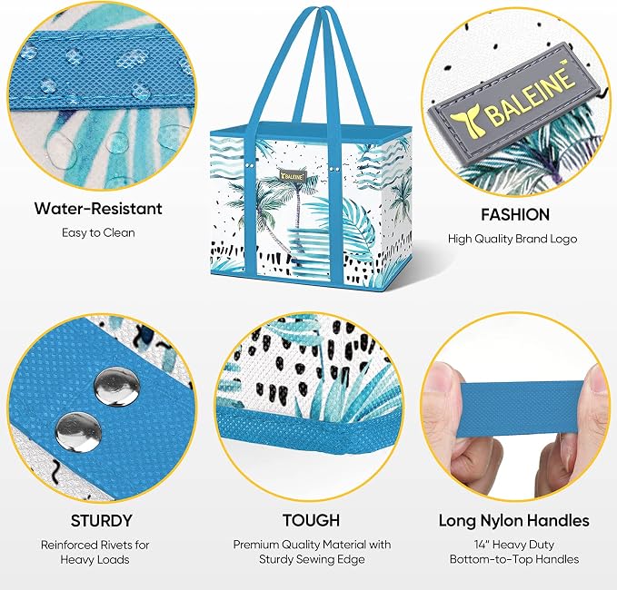 BALEINE 6PK Reusable Grocery Bags, Heavy Duty Shopping Tote Bag | 12'' Long Handles, Reinforced Bottom Keeps Upright, Fold Flat Storage, Water-Resistant Shopping Bag, Multiple Color Options - Image 3