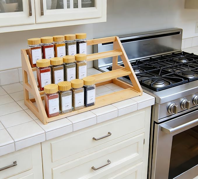 Bamboo Tier Spice Rack Organizer: 17.5 Inch Wide Kitchen Cabinet Countertop Spice Jar Organizer for Home Organization - Image 5
