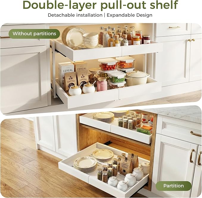 Abalter Expandable Pull Out Cabinet Organizer, 2-Tier Slide Out Drawer for Kitchen Cabinets, Adjustable Width 12–18.5", Slide Out Shelves for Kitchen, Bathroom, Pantry, Heavy Duty Caddy(White) - Image 3
