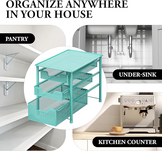 Simple Houseware Stackable 3 Tier Sliding Basket Organizer Drawer, Turquoise (Pack of 2) - Image 8