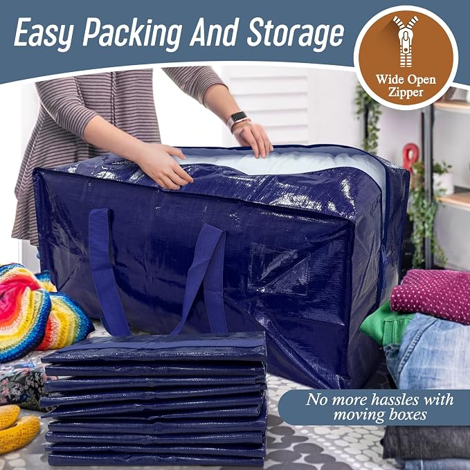 12 Pack Extra Heavy Duty Large Moving Bags with Strong Zipper, Dark Blue | Comfortable Handles, Sturdy & Durable Clothes Storage Bags Totes Bins, Blue Packing Moving Boxes for College Supplies - Image 5