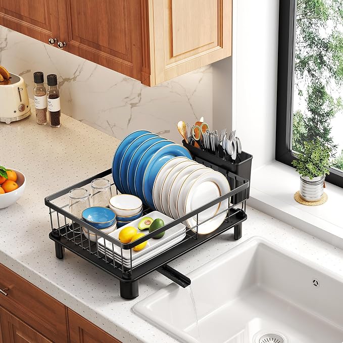 SNTD Dish Drying Rack for Small Kitchen Counter, 11" W x 15" L, Black | Space Saving, Rotating Spout & Angled Drainboard for Quick Drainage, Stainless Steel, Removable Utensil Holder - Image 8