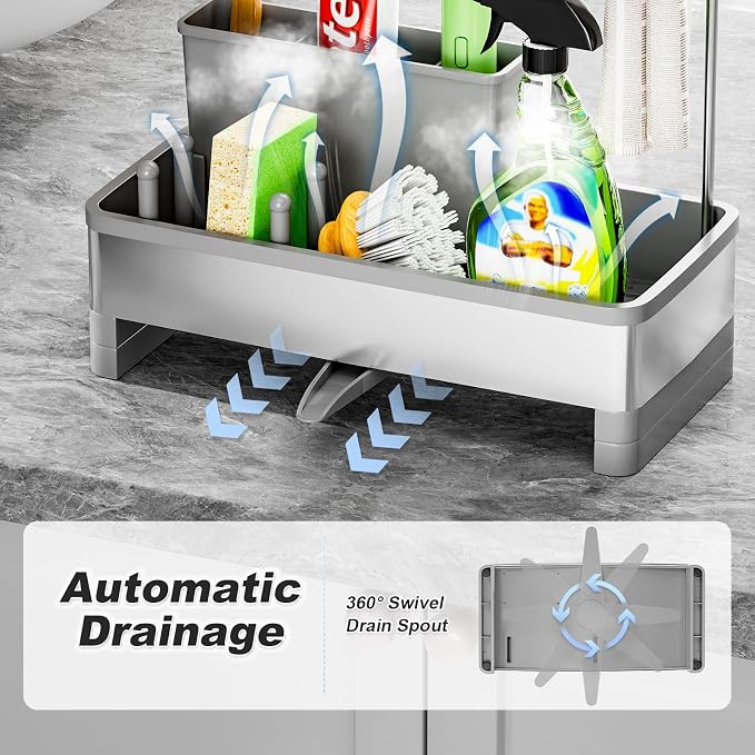 Ewaiira Sponge Holder for Kitchen Sink, Stainless Steel Sink Caddy | with Brush Holder & Dishcloth Rack, Countertop Sink Organizer, Soap Dispenser Kitchen Organizers Storage (F-Gray 9.8″) - Image 4