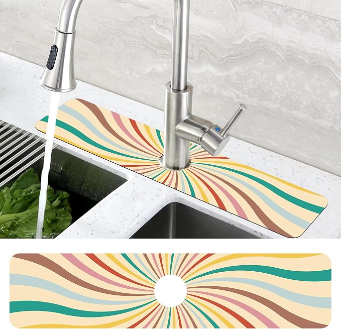 Groovy Retro Swirl Kitchen Sink Splash Guard Mat Absorbent Fast Drying Mat Faucet Draining Mat Sink Splash Guard Behind Faucet Drip Catcher for Kitchen Bathroom 5.5"×24" - Image 4