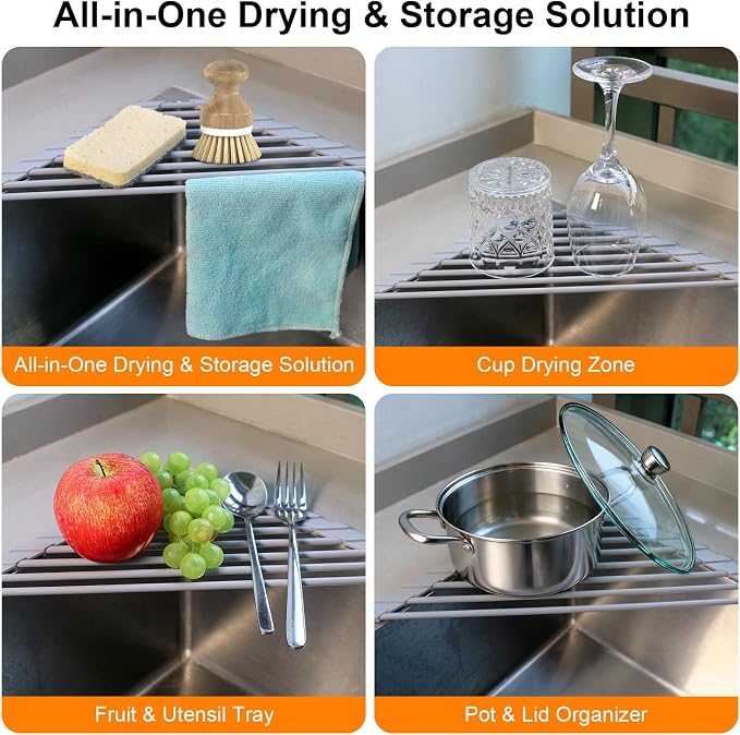 Corner Sink Caddy Kitchen Sink Organizer, Silicone Wrapped Triangle Roll Up Dish Drying Rack Over Sink Drainer Mat, Anti-Slip Sponge Holder Corner Shelf for RV Kitchen Sink Accessories Counter Storage - Image 5