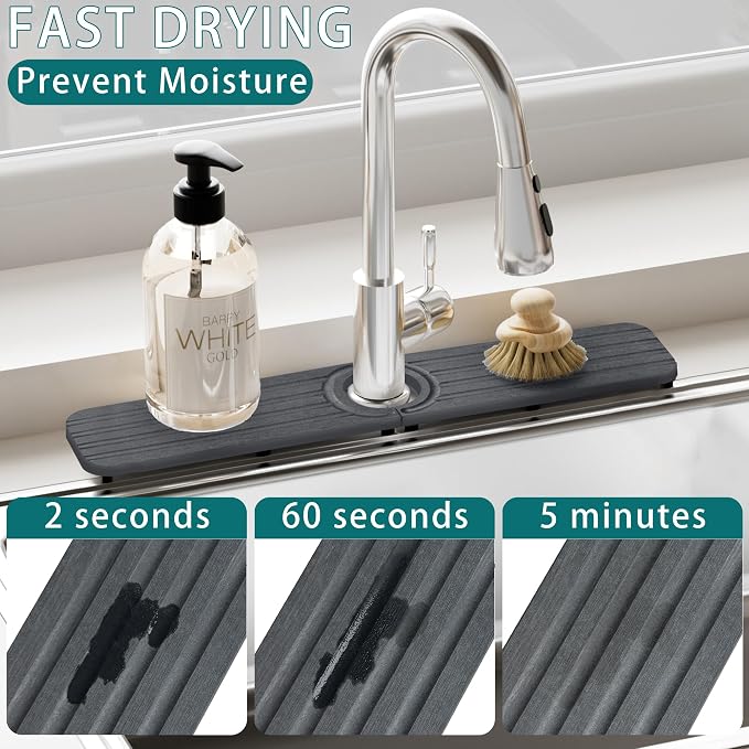 Water Absorbing Stone Kitchen Sink Mat Faucet Splash Guard for Bathroom | Quick Dry, Raised Feet, Diatomaceous Earth, Stone Faucet Mat, Sink Protector for Counter, Sink Accessories, Bathroom Decor - Image 6