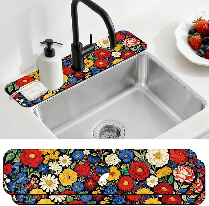 2 Pcs Kitchen Sink Splash Guard Faucet Mat Vintage Colored Flowers Pattern Faucet Mat for Sinks Absorbing Drying Mat for Kitchen Bathroom, 23.6x5.5inch by CONCHLERY%E6%97%97%E8%88%B0%E5%BA%97