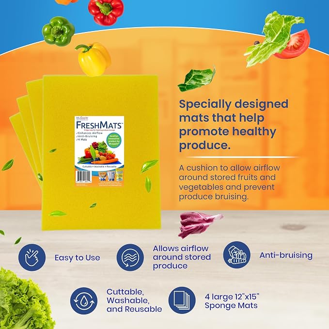 Bluapple FreshMats, Refrigerator Bin Liner, Fridge Drawer Mats, Crisper Life Extender Liner Keeps Produce Fresh Longer, Anti-Bruising, for Air Circulation, Washable & Reusable (4-Mats, 12x15, Yellow) - Image 5
