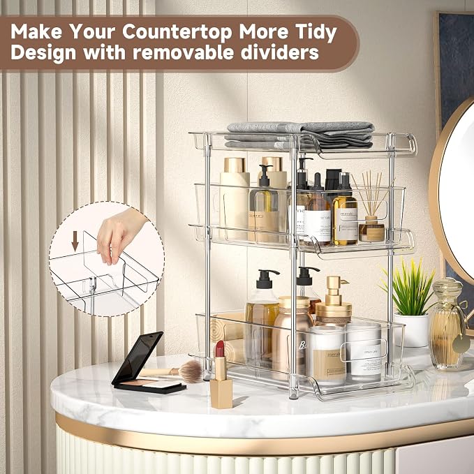 3 Tier Clear Bathroom Organizer with Dividers, Multi-Purpose Pull-Out Pantry Organization and Storage, Under Sink Closet Organizers and Storage, Vanity Skincare Cosmetic Organizer Medicine Bins - Image 4