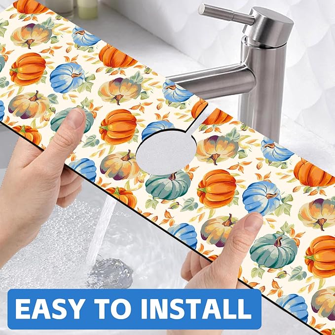 Thanksgiving Colorful Pumpkin Dish Drying Mat for Kitchen Sink Splash Guard Behind Faucet Sink Mat Absorbent Fast Drying Faucet Draining Mat for Bathroom Kitchen 5.5"×24" - Image 6