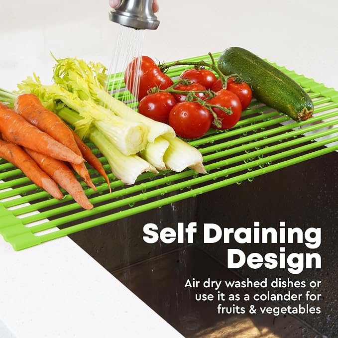 Zulay Kitchen Large Roll Up Dish Drying Rack - Heavy Duty Silicone Wrapped Steel Rods Over Sink Dish Drying Rack - Versatile Roll Up Sink Drying Rack & Trivet - Green,20.5 inches x 13 inches - Image 3