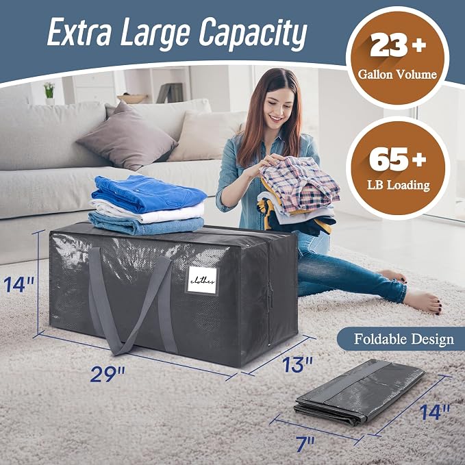 12 Pack Extra Heavy Duty Large Moving Bags with Strong Zipper, Gray | Comfortable Handles, Sturdy & Durable Clothes Storage Bags Totes Bins, Blue Packing Moving Boxes for College Supplies - Image 3