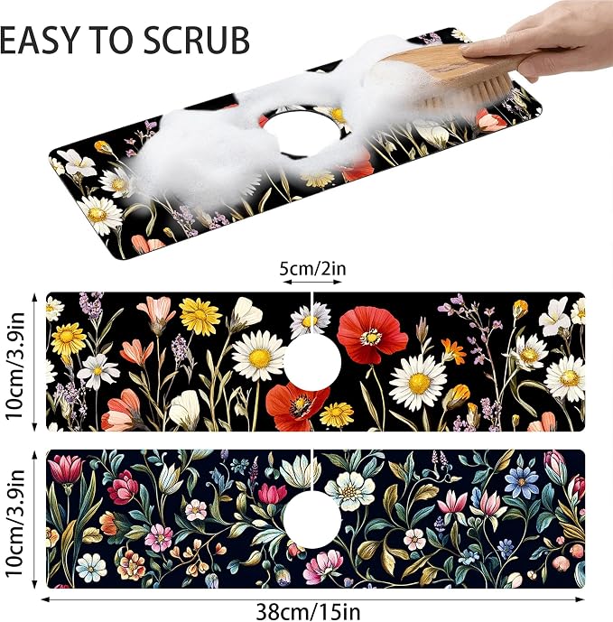 Bimkole 2 PCS Faucet Absorbent Mat, Kitchen Faucet Sink Splash Guard Wraparound Cloth Pads Drip Catcher for Sink Faucet for Kitchen Bathroom Faucet, Colorful Faucet Mat, 15 x 4 Inch Flower A1 - Image 2