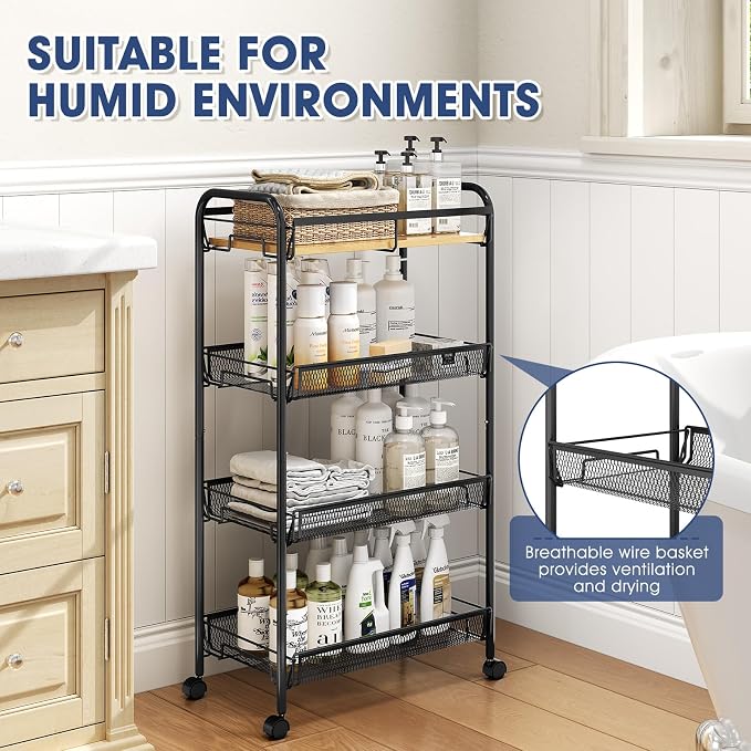 TOOLF 4-Tier Rolling Cart, Metal Utility Cart, Slide Out Storage Cart with Wooden Tabletop and Mesh Baskets, Easy Assemble Trolley for Kitchen Bathroom Laundry Room Bedroom Apartments Dormitory - Image 5