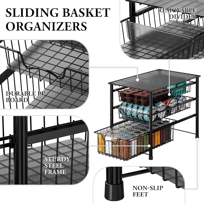 Simple Houseware Stackable 3 Tier Sliding Basket Organizer Drawer, Black (Pack of 2) - Image 4