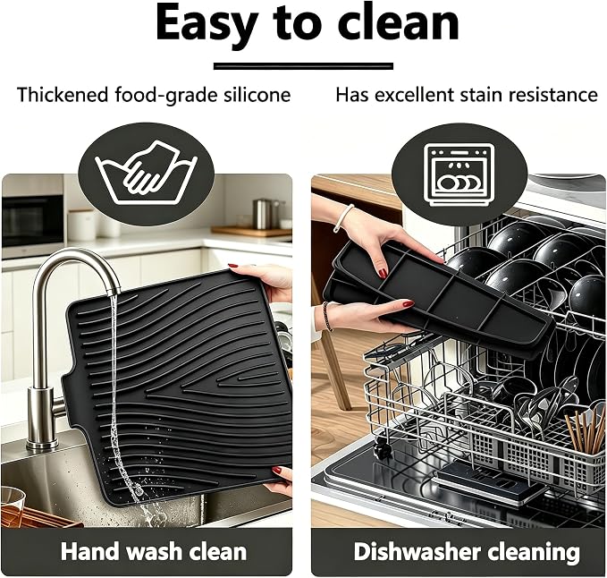 Silicone Dish Drying Mat, 19.7"*17" Dish Drying Pad,Kitchen Accessories,with Built-In and Non-Slip Drain,Easy Clean, Fit for Kitchen, Bar, RV, Refrigerator and Drawer Liner, Black - Image 7