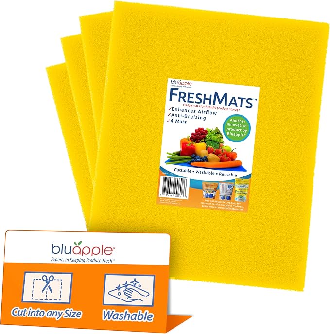 Bluapple FreshMats, Refrigerator Bin Liner, Fridge Drawer Mats, Crisper Life Extender Liner Keeps Produce Fresh Longer, Anti-Bruising, for Air Circulation, Washable & Reusable (4-Mats, 12x15, Yellow) by TheBluappleCompany