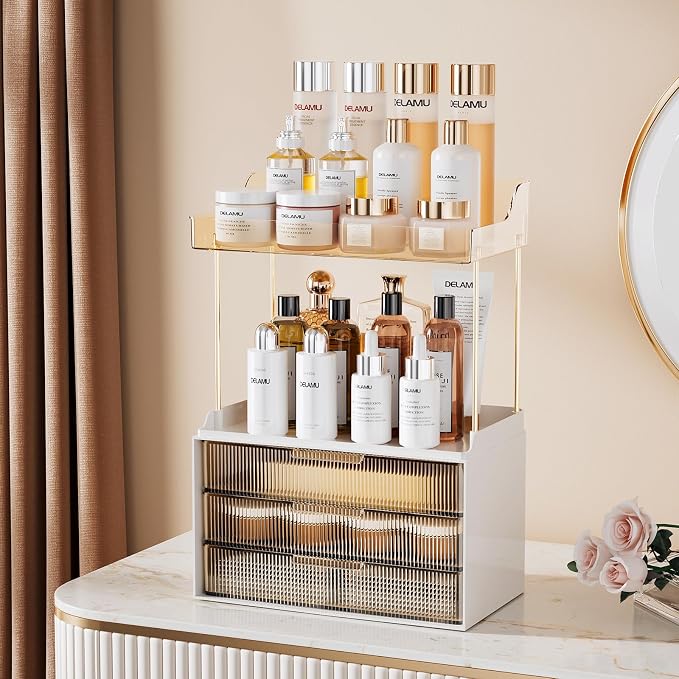 Delamu 5-Tier Makeup Organizer, Bathroom Counter Storage, 3 Drawers, Amber | Elegant Vanity Organizer Gift for Women, Holds Perfume, Skincare, Nail Polish & Hair Accessories for Bathroom Countertop - Image 3