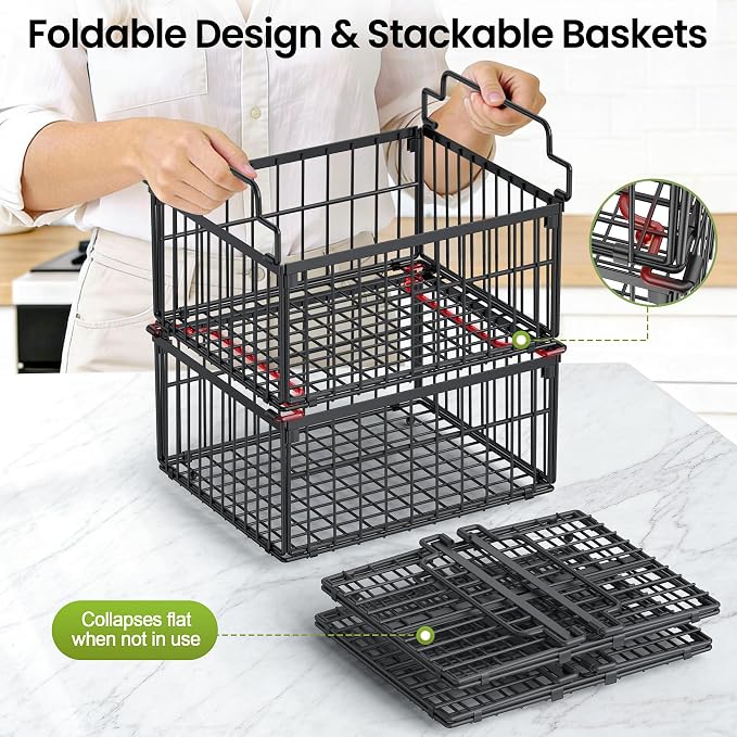 Freezer Organizer Bins, 3 Pack Enlarged Baskets for 5-9 Cu.FT Deep Freezer | Stackable Chest Freezer Organizer Bins, Foldable with Handles, Black Storage Container Baskets for Sort Frozen Meats - Image 3