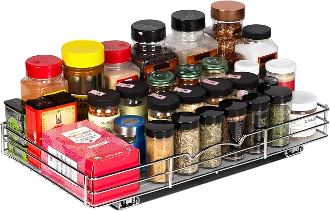 Pull-Out Cabinet Spice Rack Organizer, 18 ⅜"W x 10 ½"D x 2 ¾"H | Slim Slide-Out Storage for Spices, Bottles & Jars, Premium Heavy-Duty Steel, Easy Install for Narrow Kitchen Cabinets, Chrome - Image 6