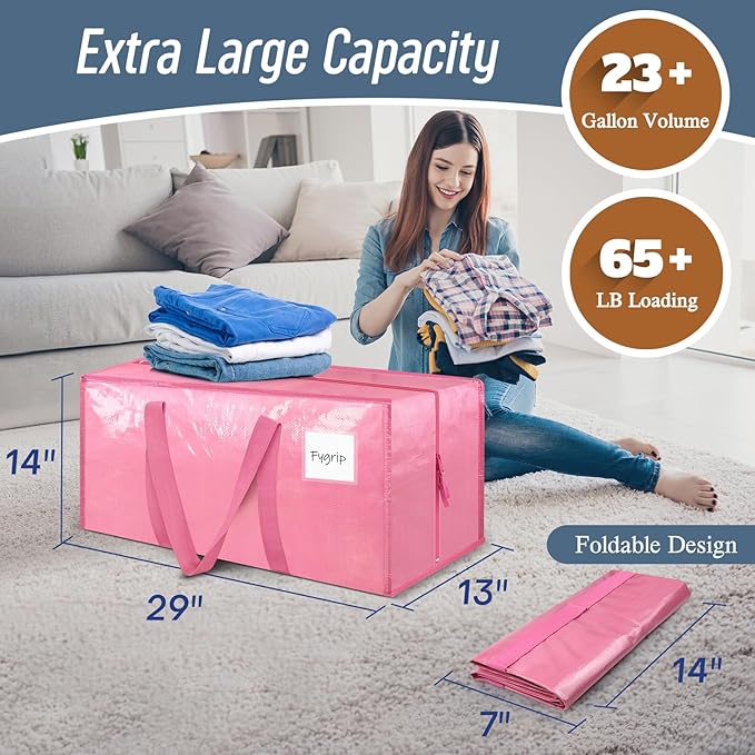 12 Pack Extra Heavy Duty Large Moving Bags with Strong Zipper, Pink | Comfortable Handles, Sturdy & Durable Clothes Storage Bags Totes Bins, Blue Packing Moving Boxes for College Supplies - Image 3