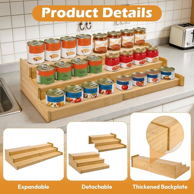 Artcochan 3 Tier Expandable Bamboo Can Rack Organizer for Pantry，Adjustable Pantry Organizers Holds Up to 24 Soda Cans,Canned Food Storage for Kitchen Cabinet Countertop - Image 5