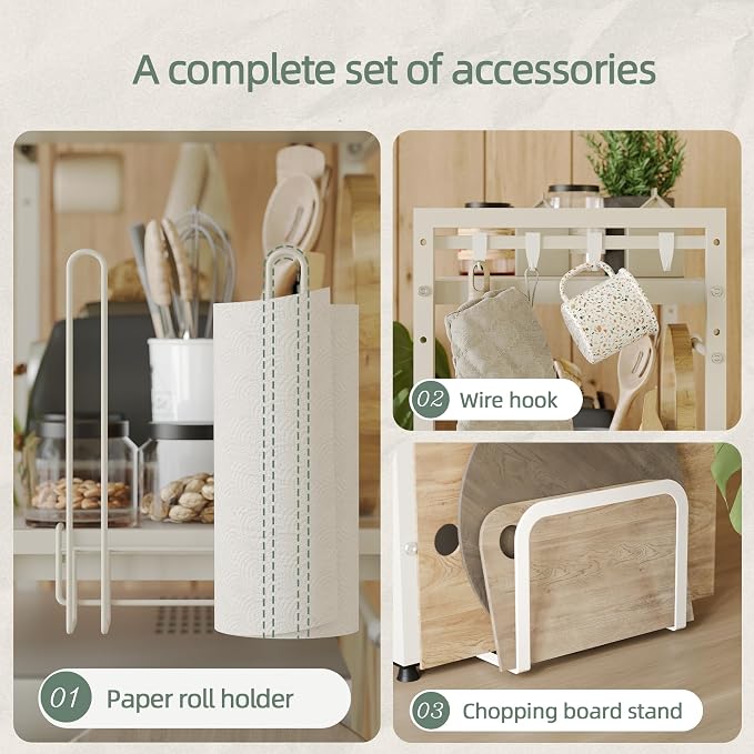 2 Tier Expandable Microwave Stand countertop,Microwave Oven Rack | microwave shelf with Paper Towel and Chopping Board Holder, storage shelf for pans &appliances,8 Hooks,55lbs max load,White - Image 5