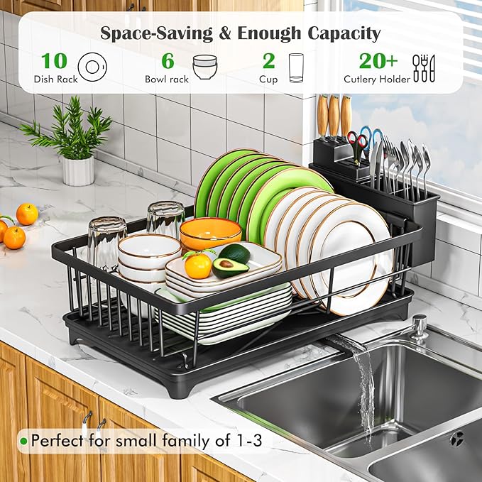 Kmiectse Dish Drying Rack for Small Kitchen Counter with Utensil Holder | Space Saving, Rust Resistant, Quick Drainage Dish Rack, Compact Dish Drainer Organizer for Home Kitchen, Black - Image 3