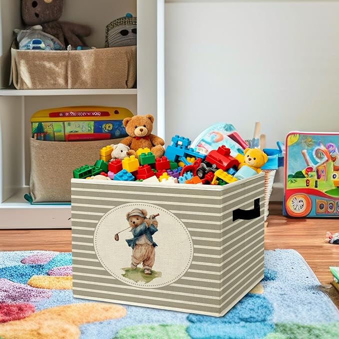 Rustic Bear Golf Storage Bins Boxes with Handles | toys books clothes, grey striped nursery foldable basket for organizing bedroom toddler room playroom - Image 2