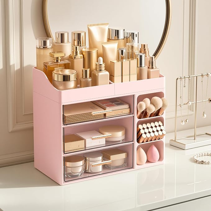 HBlife Makeup Organizer Countertop with Brush Holder,Large Bathroom Counter Organizer with Drawers,Skincare Organizers for Vanity,Plastic Dresser Organizer Storage Gift for Women Girl Mom,Pink - Image 5