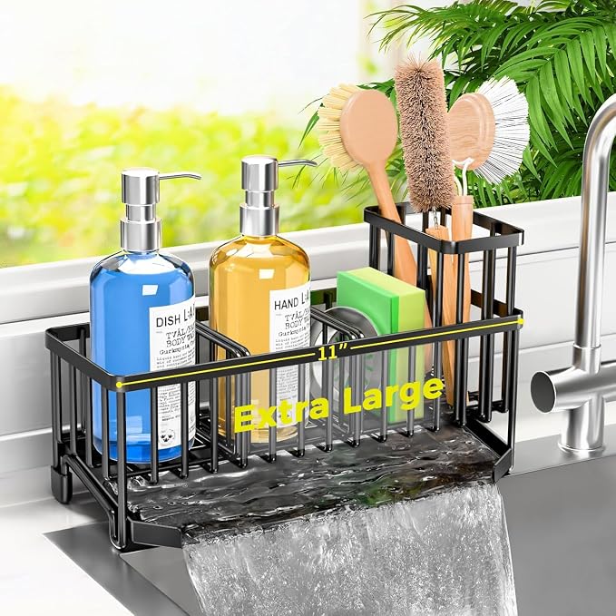 TomCare Kitchen Sink Caddy, 11-Inch Sponge Holder with Drain Tray | 2 Adjustable Dividers and Tall Brush Holder Create Flexible Storage for Sponges and Kitchen Counter Accessories by TomCare