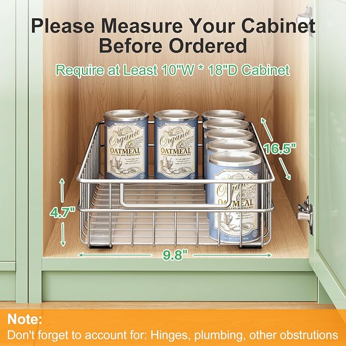 Pull out Cabinet Organizer, Stainless Steel 1-Pack (9.8"W x 16.5"D) Full-Extension Slide out Drawer, Adhesive Roll out Can Spice Storage Basket Shelf Rack for Pantry, Kitchen, Bathroom, Home Closet - Image 2