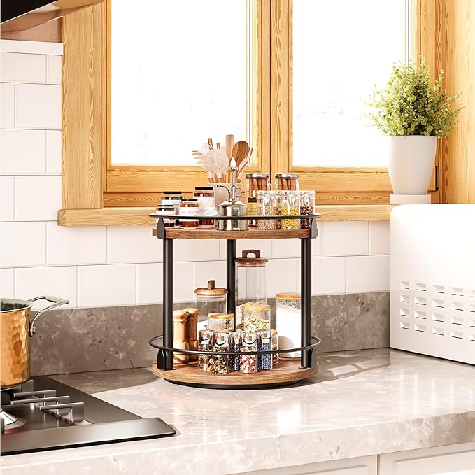 Lazy Susan Organizer, Rotating Spice Rack, 2 Tier Spice Turntable Organizer, Industrial Turntable Spice Holder, for Kitchen Countertop and Cabinet, Compact and Versatile, Rustic Brown SR22BR - Image 2