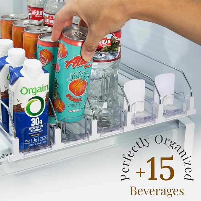 White Spring-Loaded Drink Dispenser for Fridge – Automatic Beverage Pusher Organizer for Cans & Bottles – Self-Facing Refrigerator Can Dispenser, Soda Organizer for Kitchen - Image 3