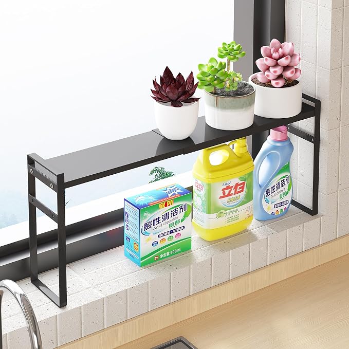 Expandable Narrow Shelf Organizer with 2-Level Adjustable Height | Black, Tall Countertop Organizer for Tight Spaces, Windowsill Plant Stand, Over-Sink/Faucet Shelf, Kitchen Counter Storage by Unknown