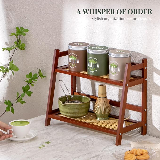 ANBOXIT Matcha Station Organizer, Countertop Bamboo Coffee & Tea Station | Rattan-Look 2 Tier Mug Holder Display Stand for Kitchen Condiment, Coffee Accessories, Home, Office - Brown - Image 3