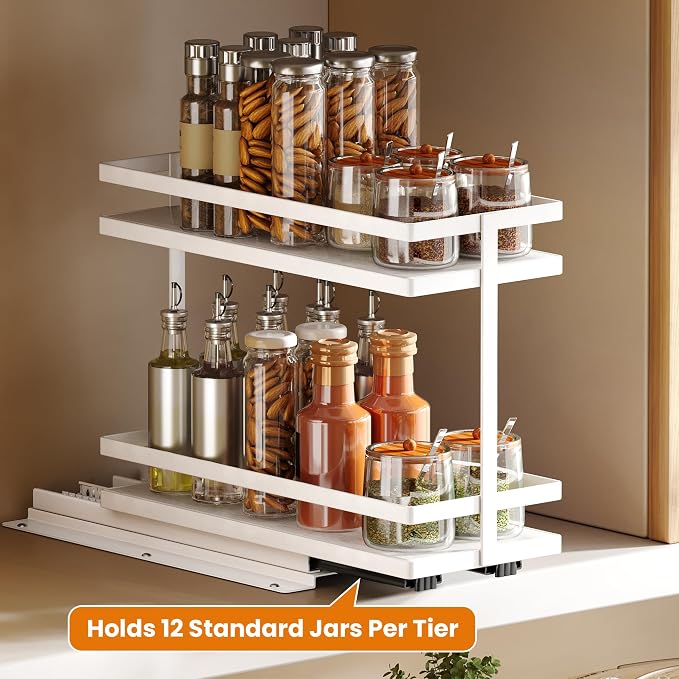 Pull Out Spice Rack 2-Tier Metal & Wood Seasoning Organizer White | No-Drill Install | Full-Extension Silent Glide | Each Tier Holds 10–12 Standard Spice Bottles | Rustproof, Wipe-Clean Surface - Image 8