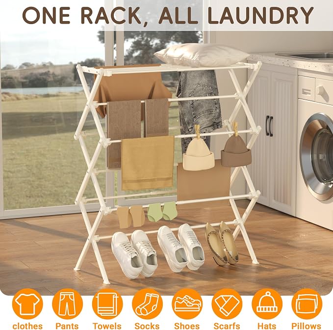 Foldable Clothes Drying Rack, Reinforced Joints, White | 35 lbs load, rustproof carbon steel, adjusts 17.7"-29"W, indoor & outdoor, tool-free - Image 8