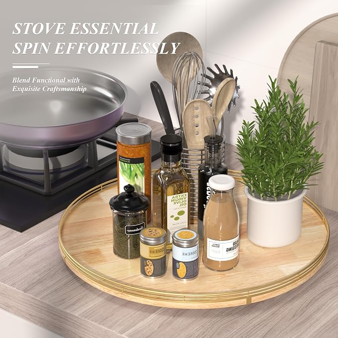 AMH 24-Inch Extra Large Lazy Susan with Solid Oak Base and Black Iron Rail | Smooth rotating oak tray with walnut finish for dining tables, kitchen counters, pantries and cabinet storage. - Image 5