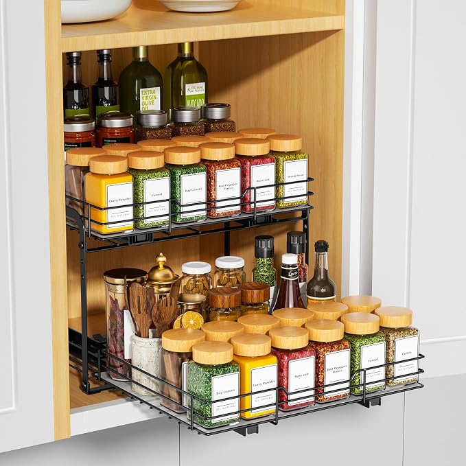 RCHYFEED 2 Tier Pull Out Spice Rack Organizer for Cabinet,11.5"Wx10.5Dx9.5H | Height Adjustable Spice Organization for Cabinet Metal Slide Out Spice Rack Heavy Duty Vertical Spice Rack for Cabinet,Pantry - Image 3