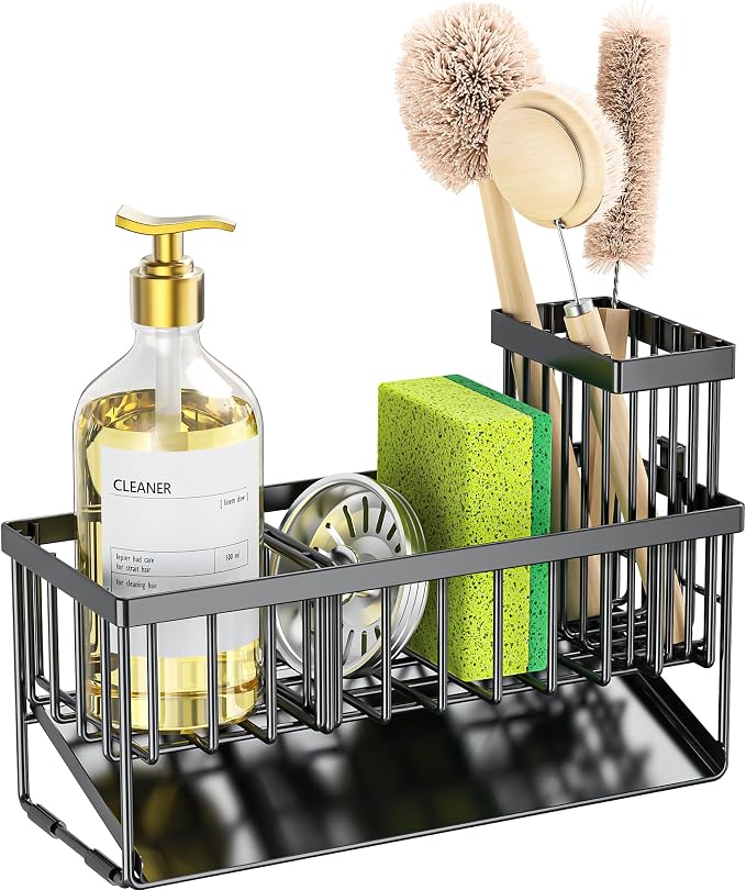 Cisily Sink Caddy Sponge Holder for Kitchen with Brush Holder and Stainless Steel Self Drain Tray, Rustproof Kitchen Sink Organizer for Sponge, Soap Dispenser Storage Accessories - Image 7
