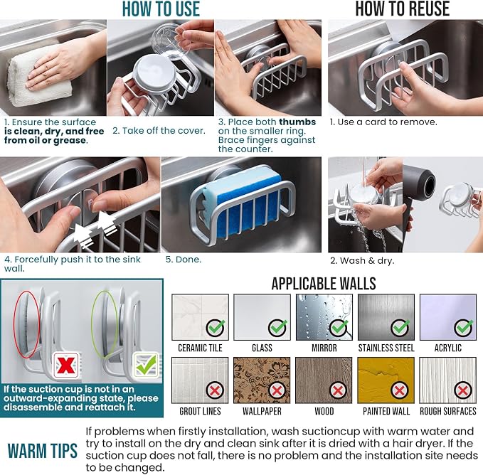 TAILI Silver Sponge Holder for Kitchen Sink with Strong Suction Cup | Removable Sink Caddy for Kitchen Sink Oganizer, Rustproof Aluminum Sink Sponge Holder for Scraper Brushes, Stoppers - Image 4