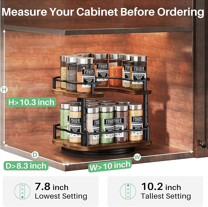 SNTD Lazy Susan Spice Rack Organizer for Cabinet, Wood, Vintage, 9 in | Rotating Turntable, Height Adjustable, Space-Saving D-Shape Design, Revolving Spice Storage for Kitchen Countertop Pantry - Image 7
