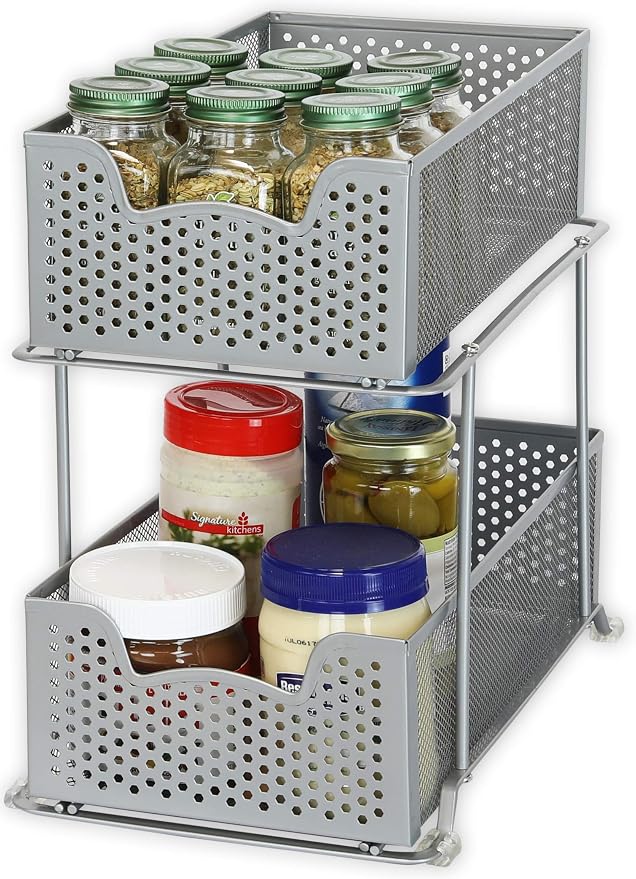 SIMPLE HOUSEWARE 2 Tier Sliding Cabinet Basket Organizer Drawer, Silver - Image 4
