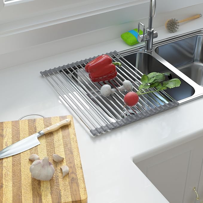 Large Expandable Roll Up Dish Drying Rack, Heat-Resistant Dish Drainer for Stainless Steel Sinks, Over The Sink Non-Slip Silicone Rollable Dish Drainer Roll Rack 18 Tube Gray 21.25''x12.79'' - Image 7